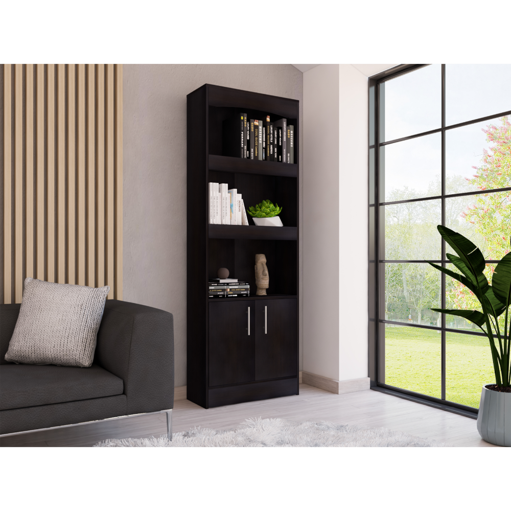 Bookcase, Three Shelves, Double Door Cabinet, Metal Hardware, Black | Premium Home Decor - Grand Goldman