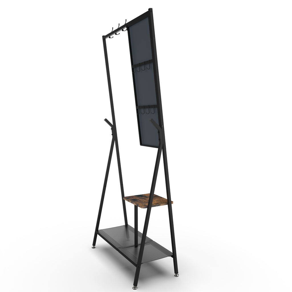 Coat Rack with Mirror, Multifunctional Hall Tree with Shoe Storage, Metal Frame, for Living Room Bedroom 73x32x15 Inches, Industrial Style, Rustic Brown and Black - Grand Goldman Shop