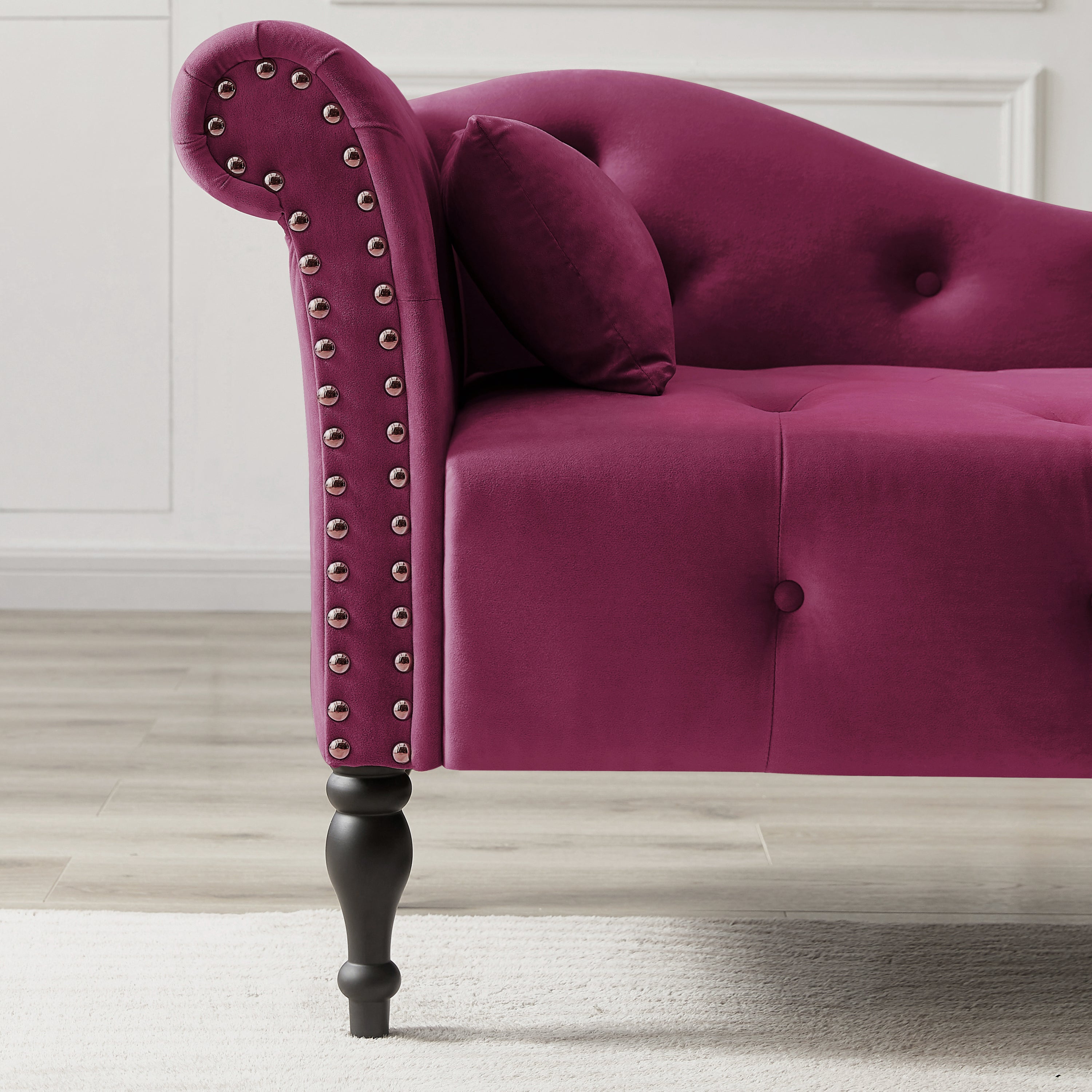 Aijia 60.6' Velvet Chaise Lounge Buttons Tufted Nailhead Trimmed Solid Wood Legs with 1 Pillow,Burgundy  (Left Arm Design as Shown in the Picture) - Grand Goldman Shop