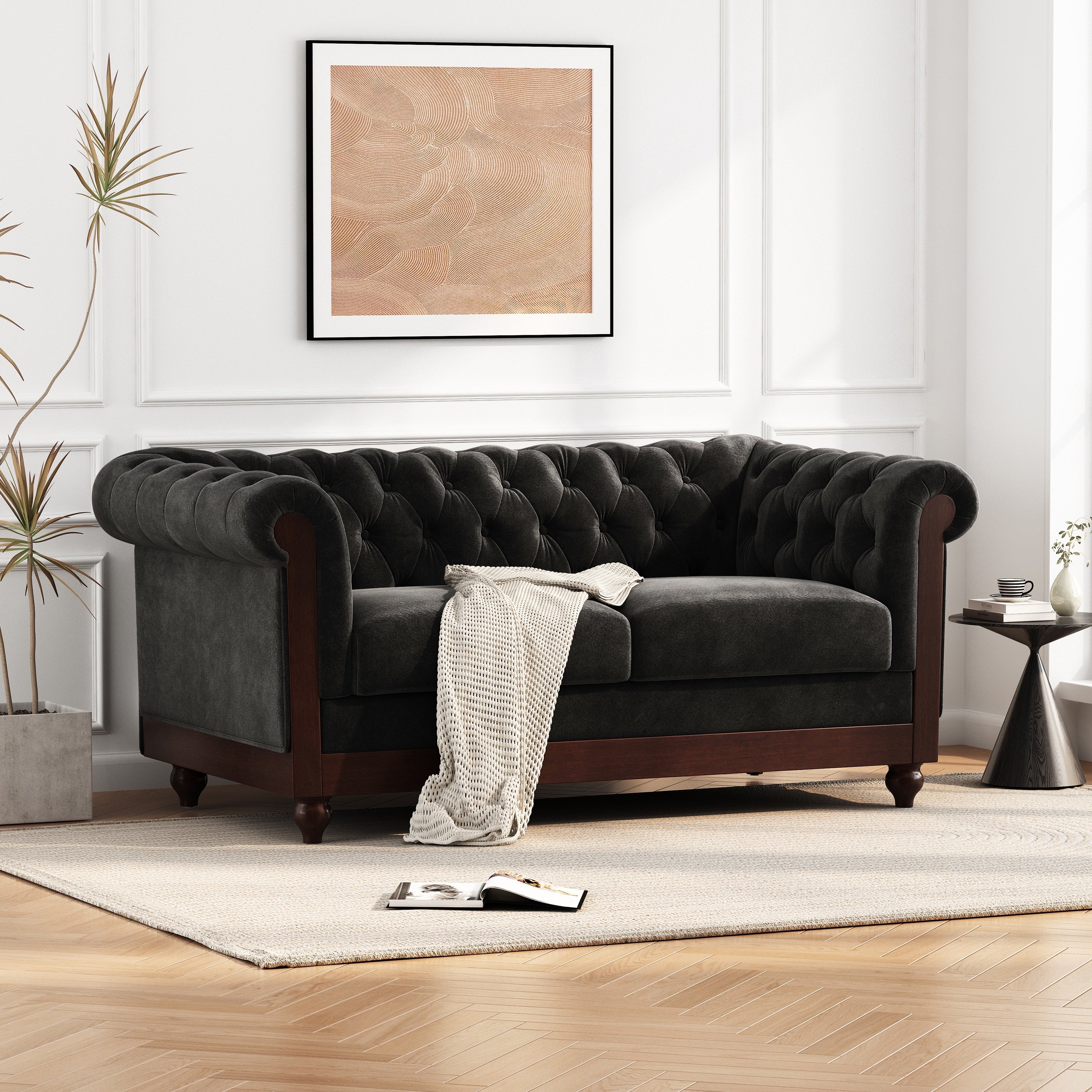 VIVALUX Chesterfield Velvet Loveseat Sofa, 2-Person Rolled Arm Upholstered Couch, Black, Pine Wood Frame, 59.44' - Grand Goldman Shop