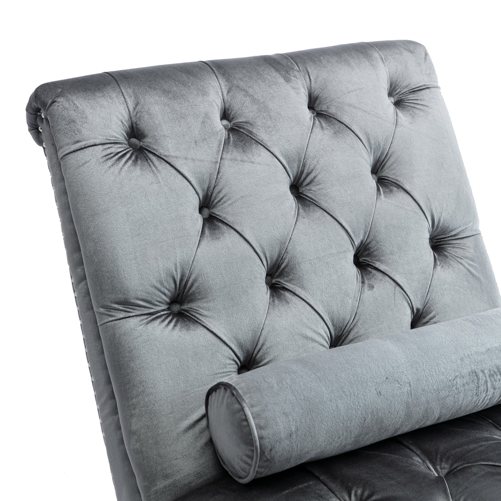Velvet Chaise Lounge Indoor, Button-Tufted Upholstered Chaise Lounge Chair with Pillow, Silver Velvet, 63.98 Inches - Grand Goldman Shop