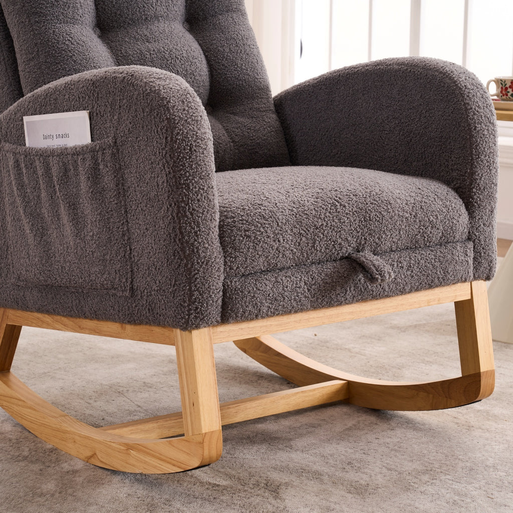 LY-5104 Dark Gray  Accent Rocking  Chair with  Footrest High Back Rubber Wood Rocking Legs Bedroom Living Space   26.77D X 38.36W X 39.76H Inch - Grand Goldman Shop