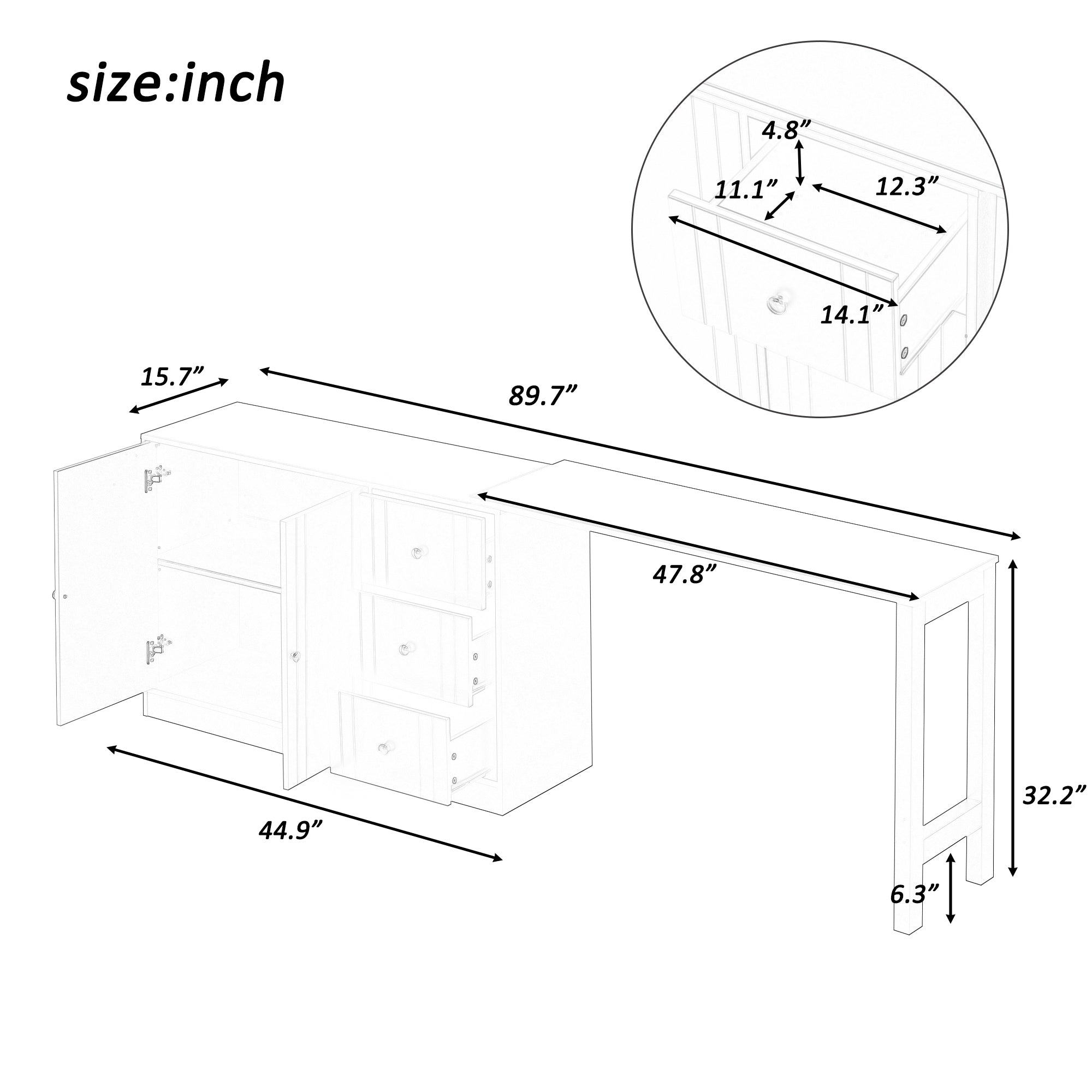 U_STYLE 89.7''Wooden Sideboard with Extendable Table,Multifunctional Storage Cabinet with 2 Doors and 3 Drawers,for Living Room,Study,Foyer and Kitchen - Grand Goldman Shop