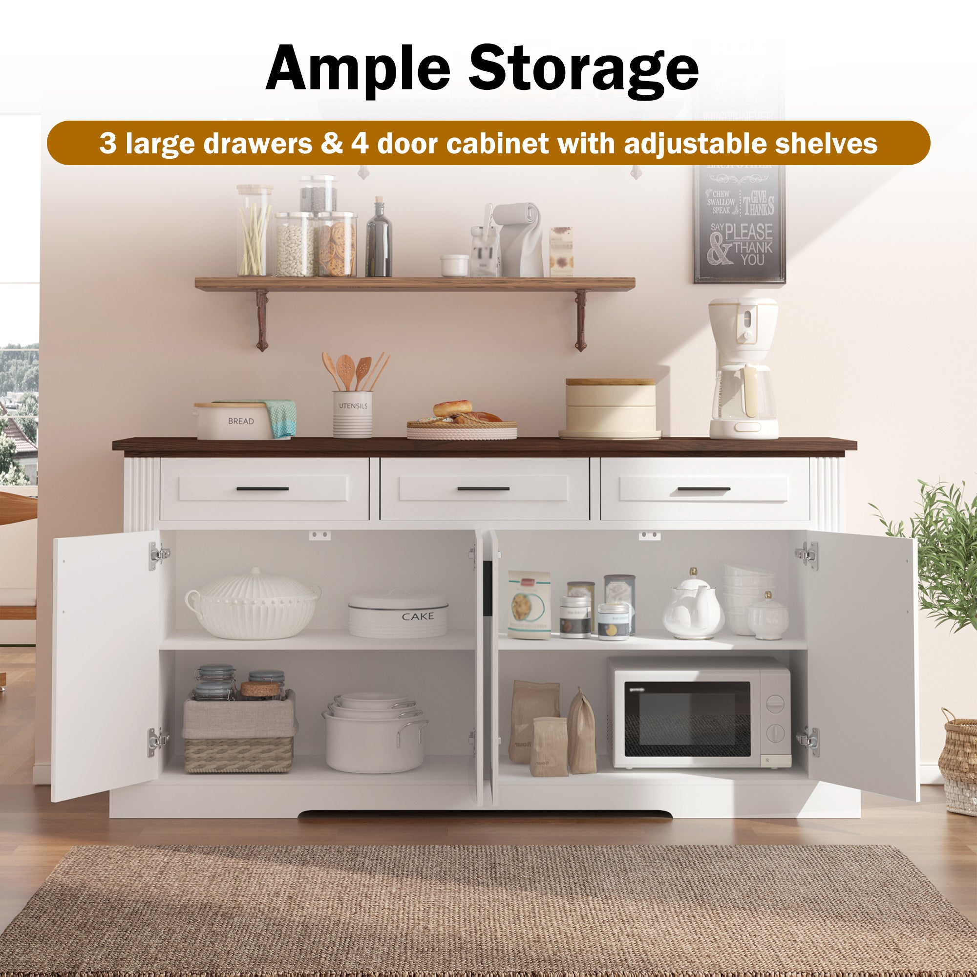 Modern Fluted Sideboard Buffet Cabinet with 4 Doors 3 Drawers, White MDF Storage Console Table for Living Room Dining Room Entryway, 63.11' L x 15.75' W x 32' H - Grand Goldman Shop