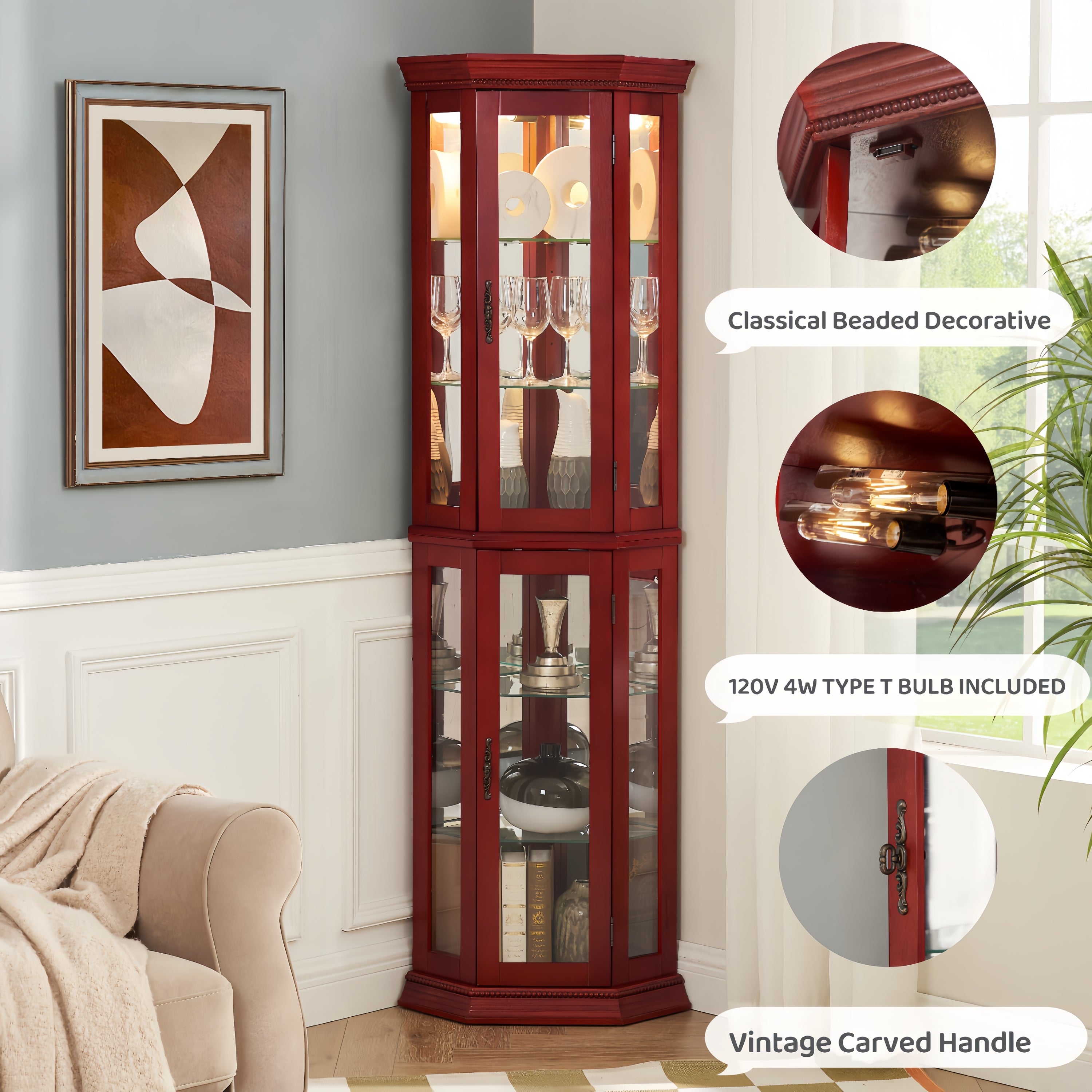 Corner Curio Cabinet Lighted Corner Display, Glass Display Shelf Shelving Bar cabinet with Tempered Glass Door, Bar Cabinet,Cabinet with Adjustable Shelf Glass Cabinet Shelves Bead Bulb Included - Grand Goldman Shop