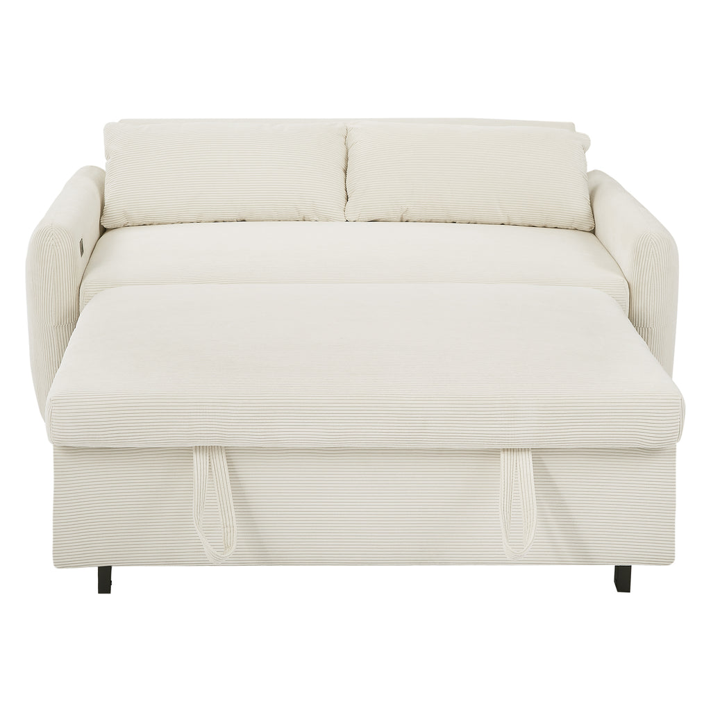 Modern Convertible Pull-out Sofa Bed with USB Ports and Pillows, Beige Corduroy, 57.48 inches - Grand Goldman Shop