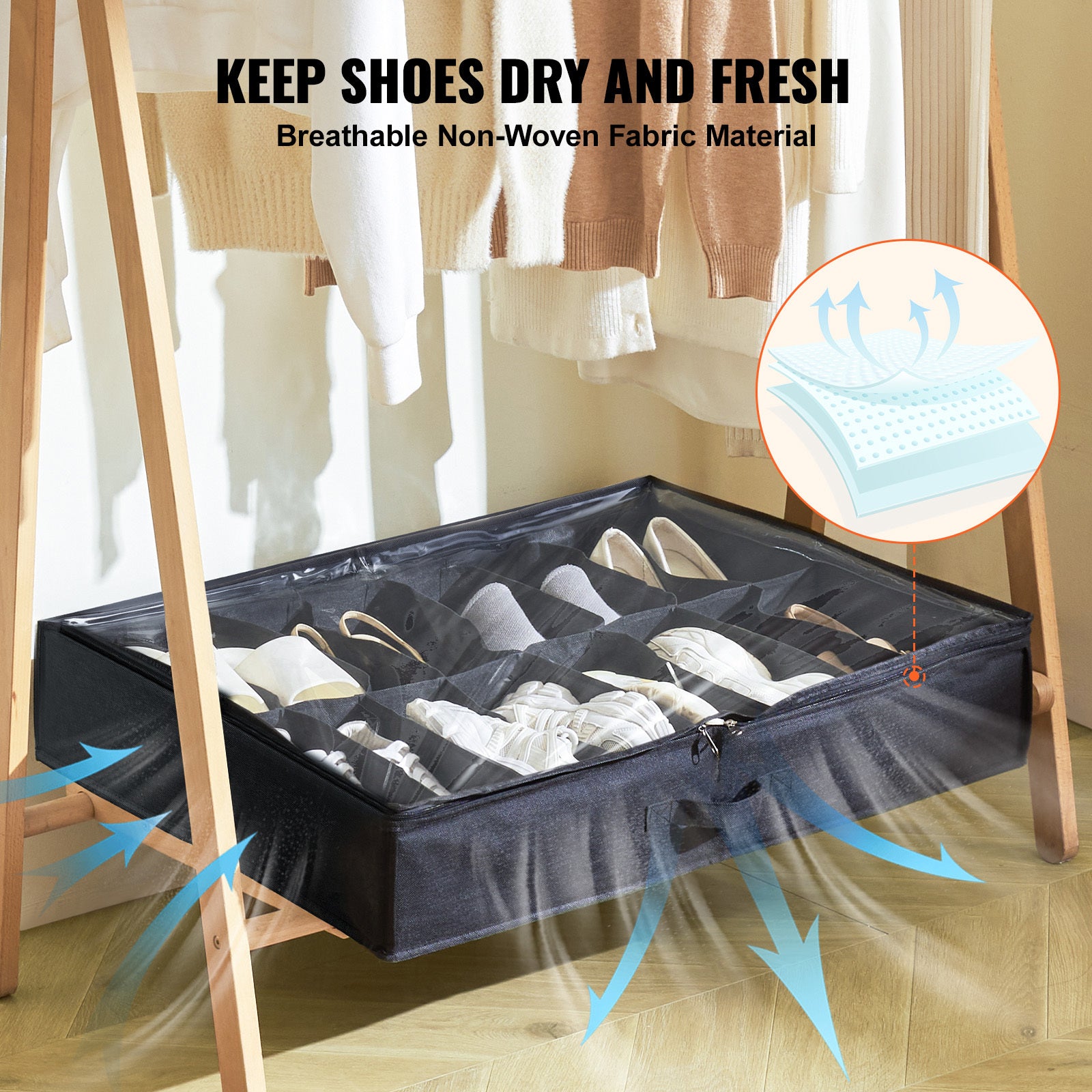 Sturdy Under Bed Shoe Storage Organizer, Set of 2, 32 Compartments, Underbed Shoes Closet Storage Solution with Clear Window, Breathable, L31.5'x W23.6'x H5.9', Black - Grand Goldman Shop