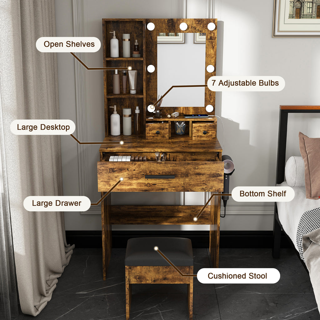 Vintage Vanity Table with Mirror, Adjustable LED Lights, Power Outlet, Hairdryer Holder & Stool – Compact Dressing Desk for Small Bedrooms - Grand Goldman Shop