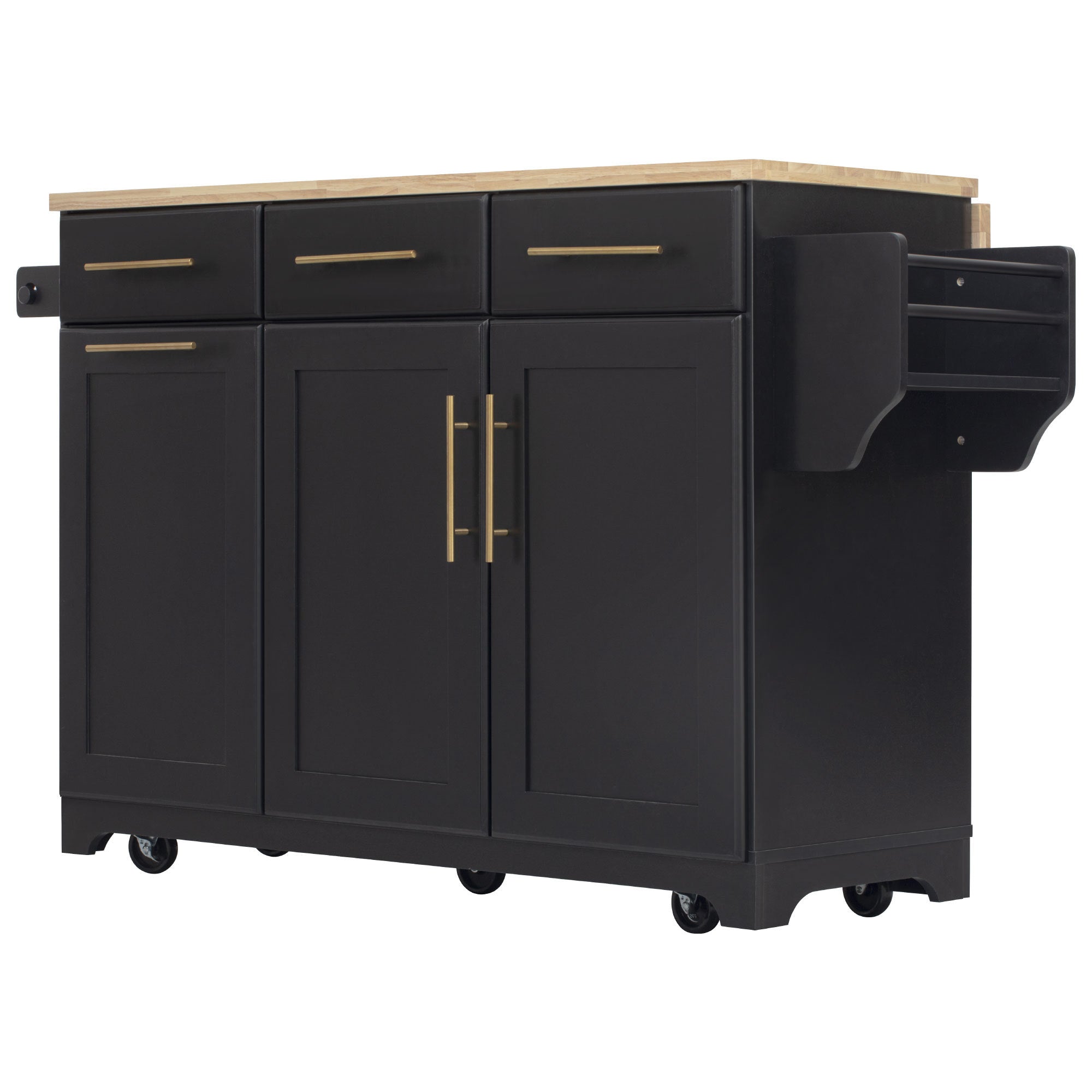 K&K 59.3' Kitchen Island with Storage 2 Pull Out Cabinet Organizers & Rubber Wood Drop Leaf, Rolling Kitchen Island with Trash Can Storage, Power Outlet, Spice & Towel Rack for Kitchen, Dining, Black - Grand Goldman Shop