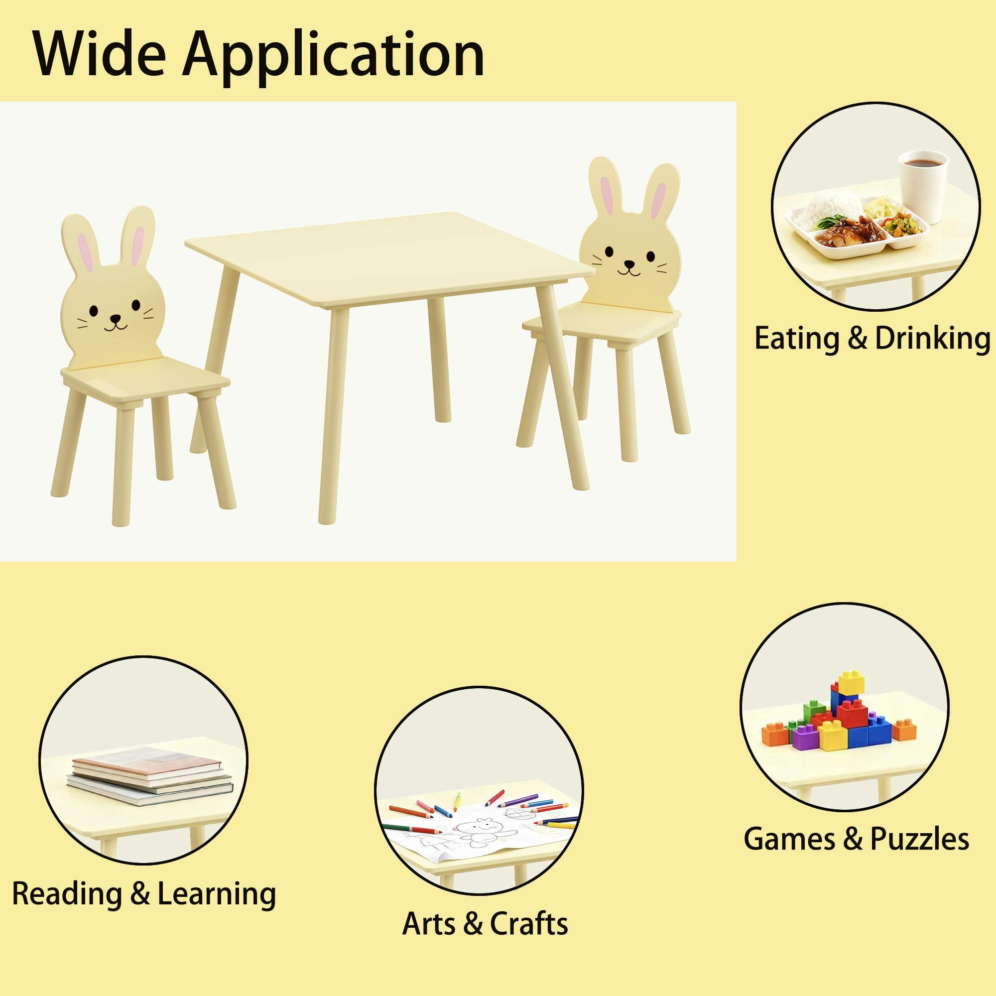 Kids Table and Chair Set with 2 Bunny Chairs, Children's Wooden Activity Table for Toddlers, Cute Animal Design Study Play Se