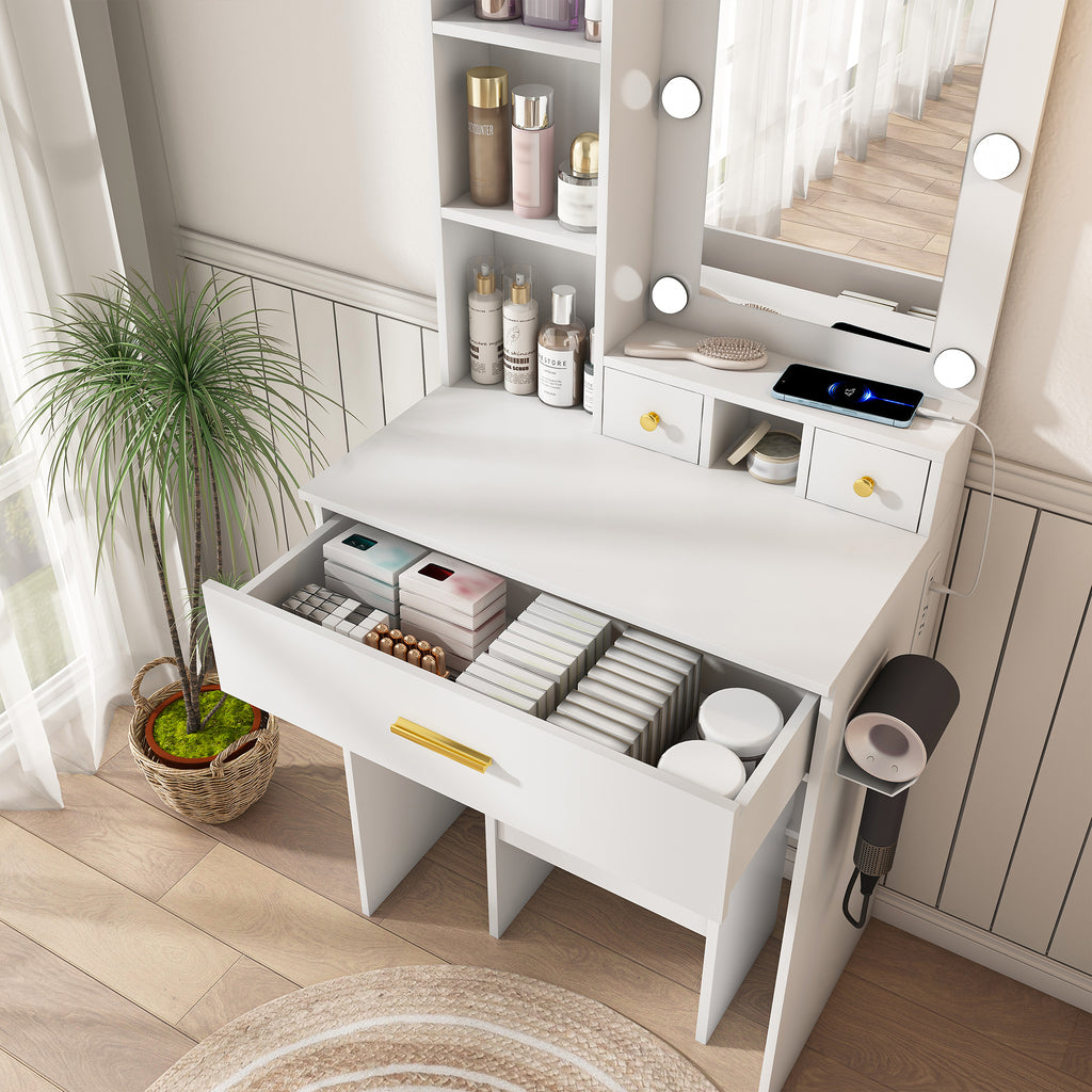 White Vanity Table with Mirror, Adjustable LED Lights, Power Outlet, Hairdryer Holder & Stool – Compact Dressing Desk for Small Bedrooms - Grand Goldman Shop