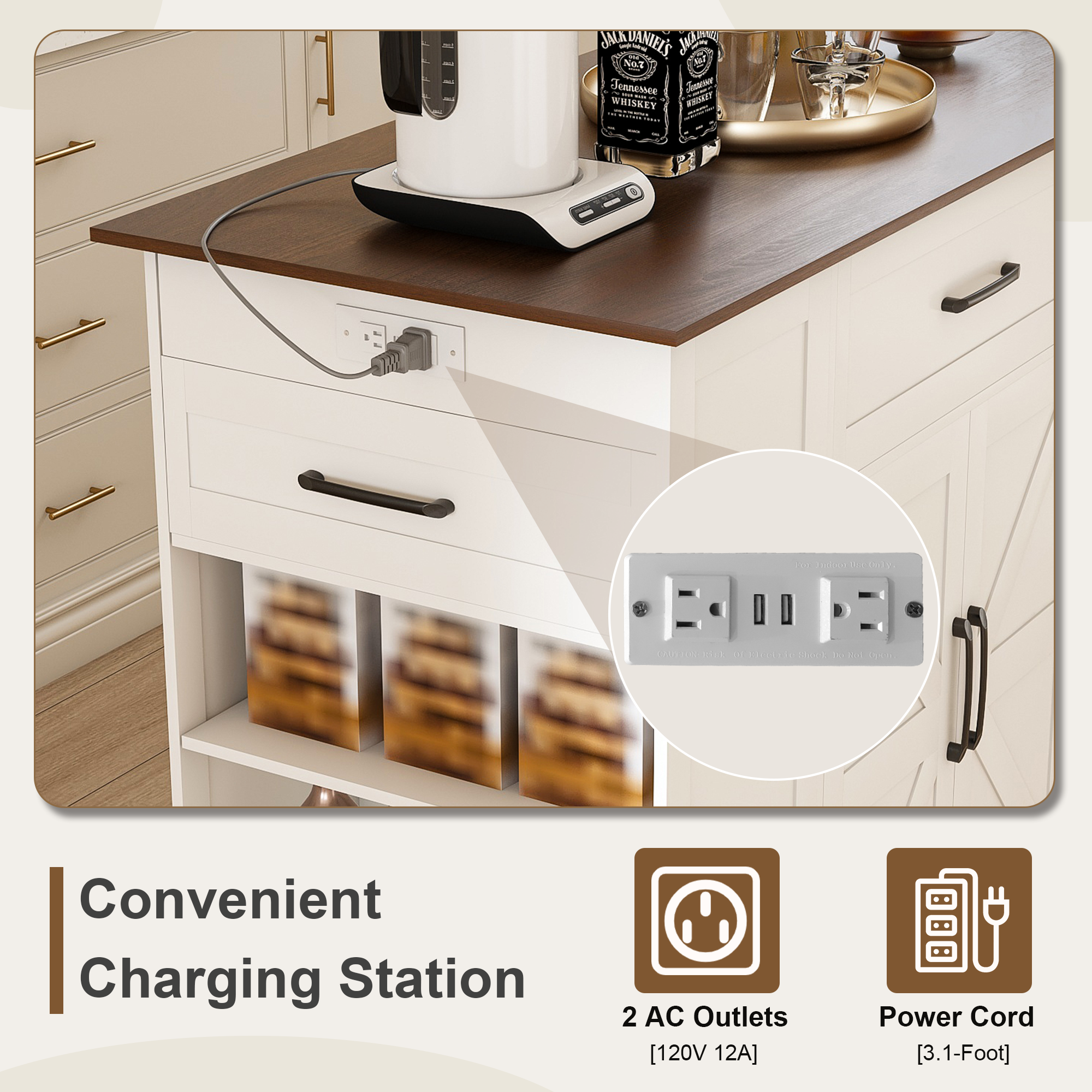 46' Kitchen Island on Wheels with Storage & Power Outlet - Movable Rustic Breakfast Bar Table, Wood Top with Adjustable Shelf & Drawer for Kitchen Dining Living Room, White - Grand Goldman Shop