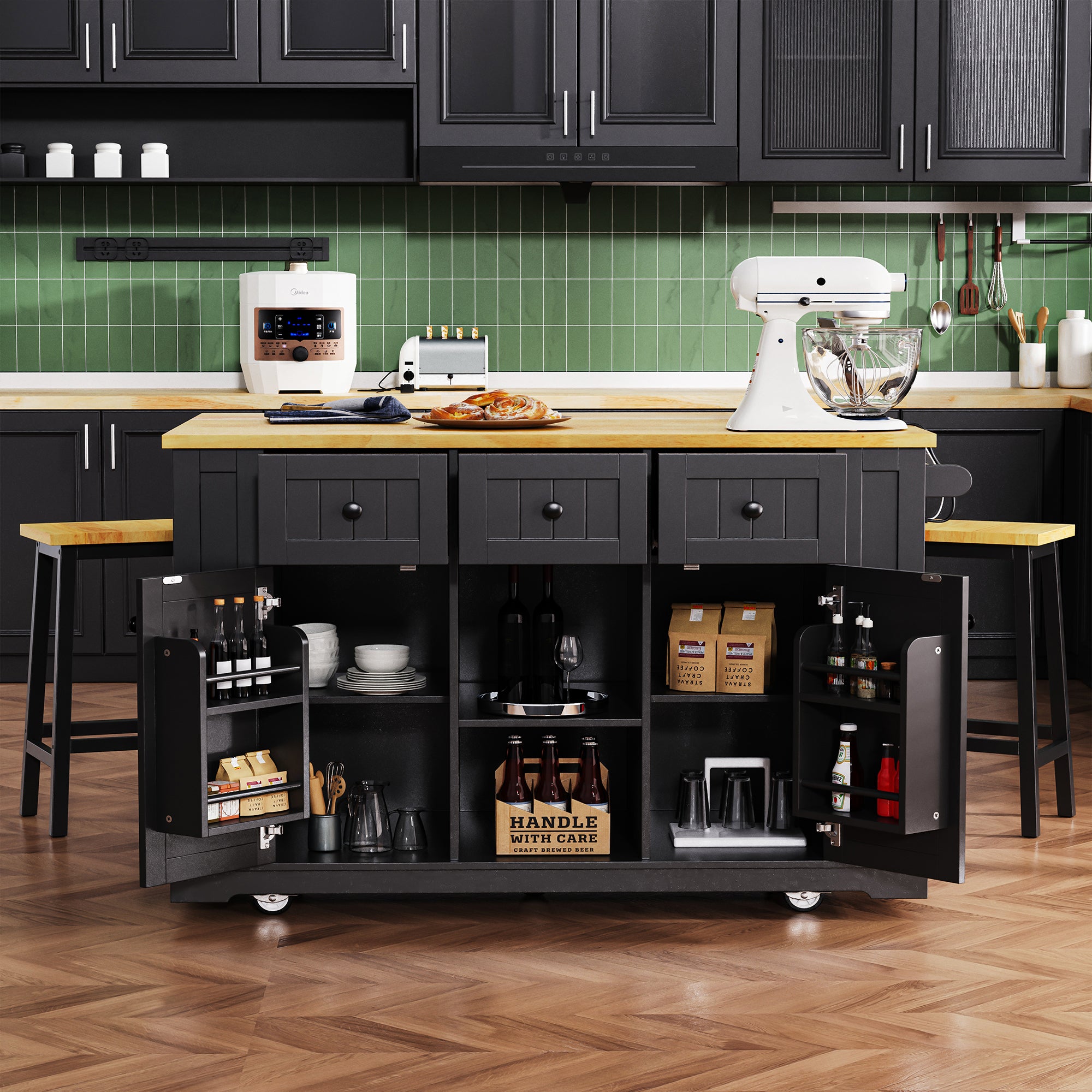 K&K 53inch Large Kitchen Island with 2 Bar Stools, Power Outlet,Door Internal Storage Rack, Kitchen Storage Cart on 5 Wheels with Drop Leaf, 5 Open Side Racks, 3 Drawers,Black (Three Packages) - Grand Goldman Shop