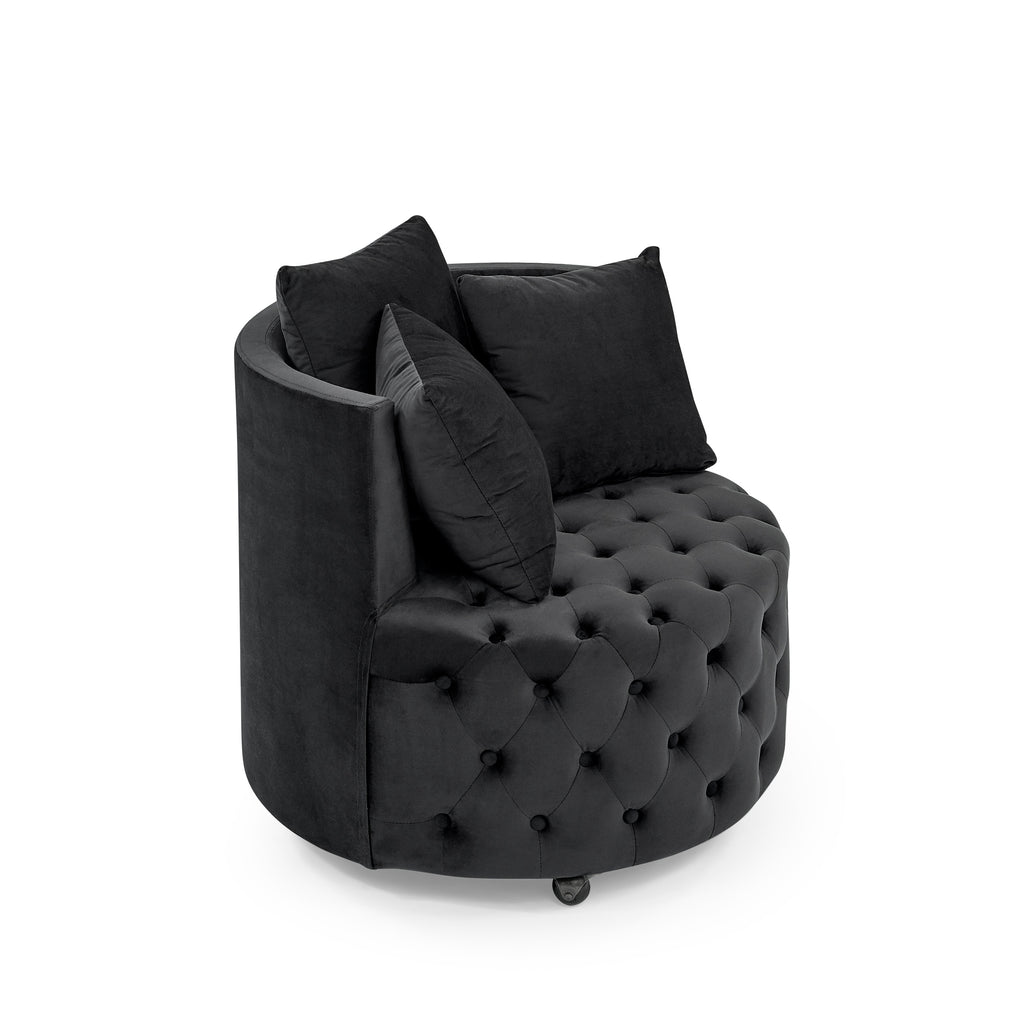 Modern Velvet Upholstered Swivel Chair with Button Tufted Design, Movable Wheels, 3 Pillows, Black - Grand Goldman Shop