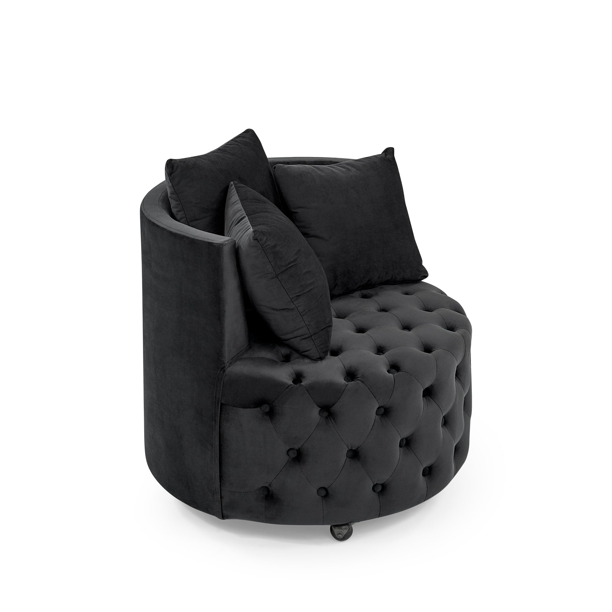 Modern Velvet Upholstered Swivel Chair with Button Tufted Design, Movable Wheels, 3 Pillows, Black - Grand Goldman Shop