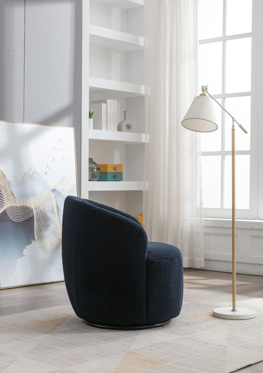 Teddy Fabric Swivel Accent Armchair Barrel Chair With Black Powder Coating Metal Ring,Dark Blue - Grand Goldman Shop