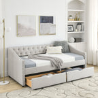 Mid-Century Twin Size Daybed with Drawers, Button Tufted Back and Copper Nail Trimmed Waved Arms, Beige Linen Upholstery, 81.5''x41''x30.5'' - Grand Goldman Shop