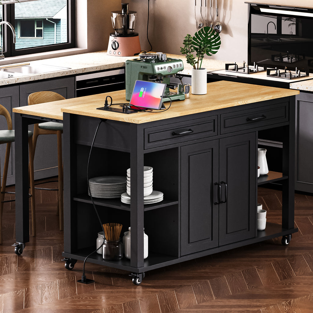 K&K 47 inch Kitchen Island with Extendable Dining Table, Rubber Wood Veneer Kitchen Table with Internal Storage Rack, Power Outlet, Kitchen island with Storage 2 Drawers 2 Cabinet, Black - Grand Goldman Shop