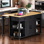 K&K 47 inch Kitchen Island with Extendable Dining Table, Rubber Wood Veneer Kitchen Table with Internal Storage Rack, Power Outlet, Kitchen island with Storage 2 Drawers 2 Cabinet, Black - Grand Goldman Shop