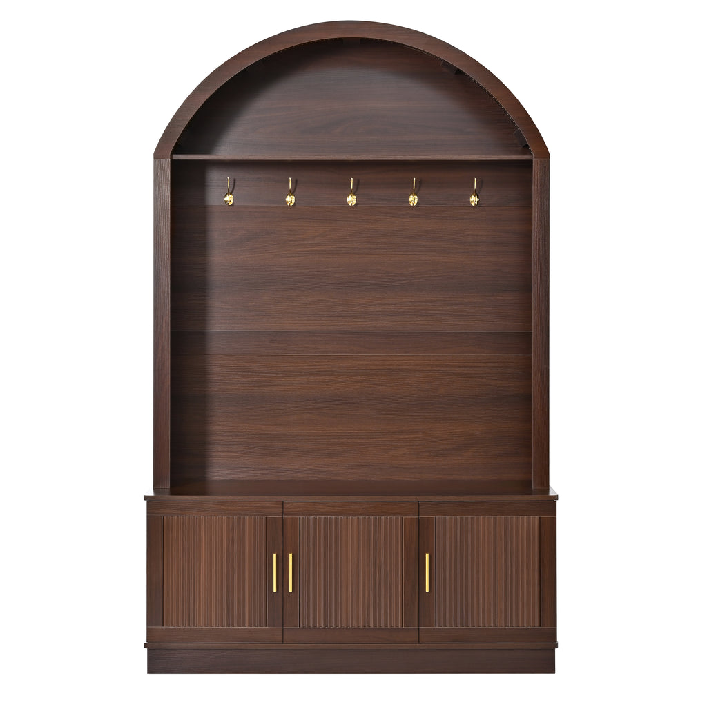 Farmhouse Fabric Arched Top Hall Tree with 5 Metal Hooks, All-in-One Mudroom Furniture with Adjustable Shelves, Mid-Century Fluted Door Entryway Bench with Wood Grain Finish for Hallway, Walnut - Grand Goldman Shop