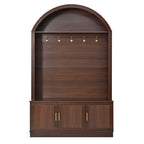 Farmhouse Fabric Arched Top Hall Tree with 5 Metal Hooks, All-in-One Mudroom Furniture with Adjustable Shelves, Mid-Century Fluted Door Entryway Bench with Wood Grain Finish for Hallway, Walnut - Grand Goldman Shop