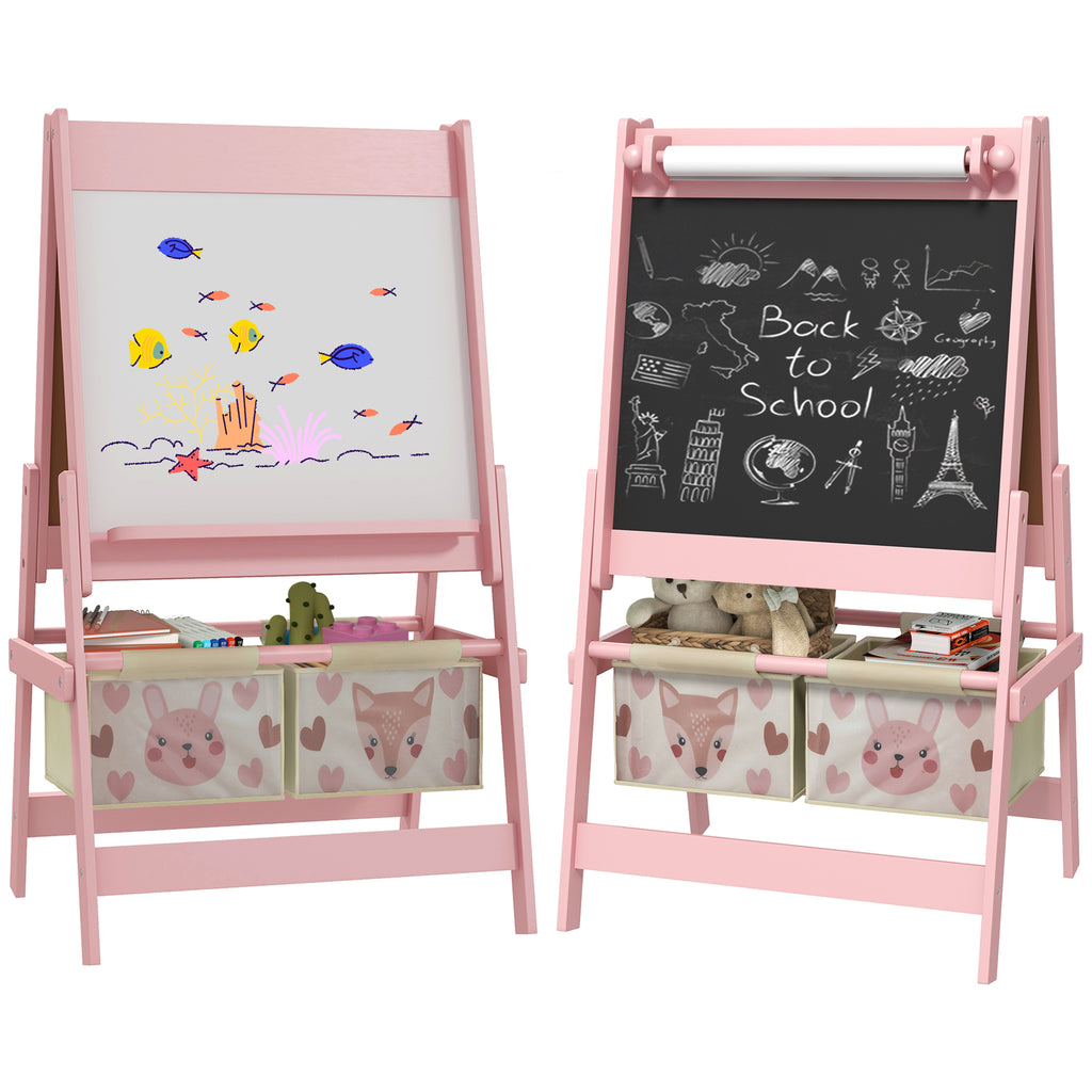 Qaba Art Easel for Kids with Paper Roll, 3 in 1 Toddler Painting Easel with Blackboard, Whiteboard, Storage Baskets, Pink - G