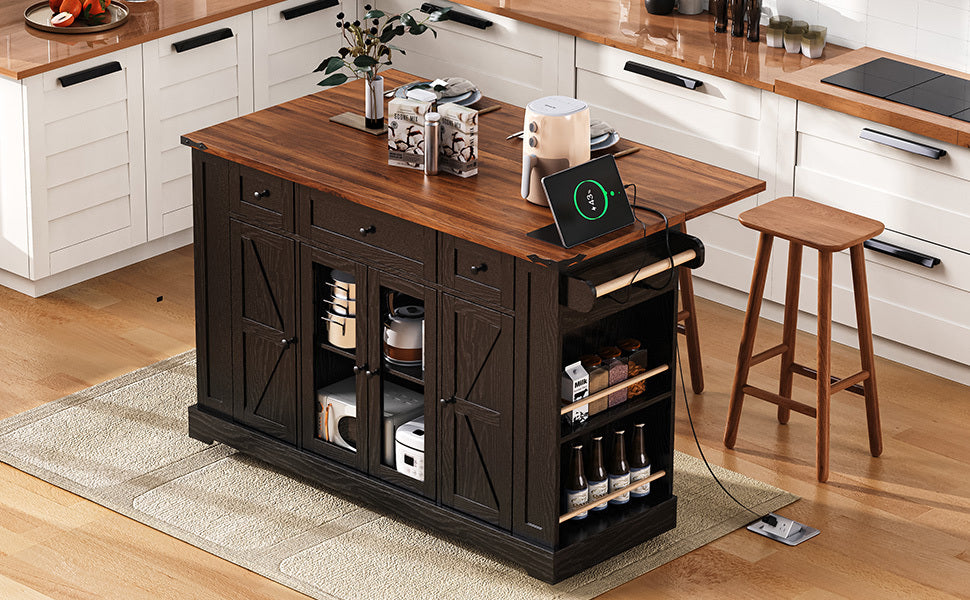 K&K 53'' Farmhouse Kitchen Island with Two Tempered Glass Cabinet Doors, Power Outlet, Rolling Kitchen Cart on Wheels with Drop Leaf, 5 Open Side Racks, 3 Drawers, for Kitchen, Dining Room, Black - Grand Goldman Shop