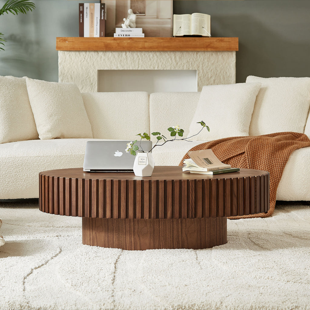 Modern Handcraft Drum Coffee Table Length 43.7 inch Ellipse Coffee Table for Living Room,Oval Small Coffee Table with Sturdy Pedestal,Walnut MDF,W2582P251185 - Grand Goldman Shop