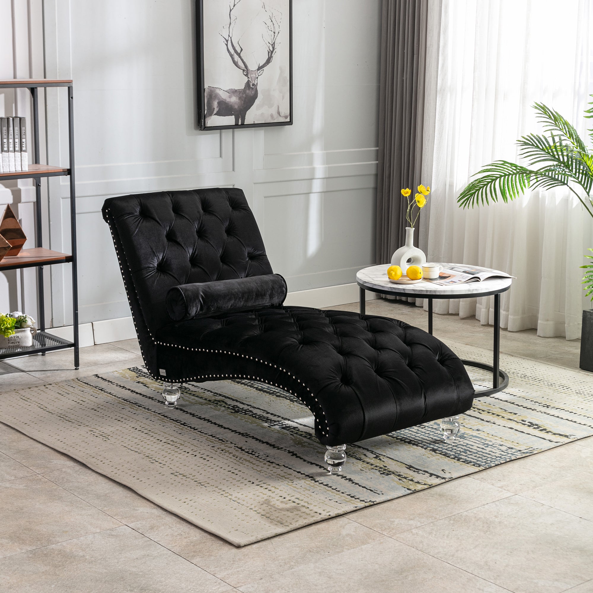 Velvet Chaise Lounge Indoor, Button-Tufted Upholstered Chair with Pillow, Black Velvet, 63.38x28.94x34.05 inches - Grand Goldman Shop