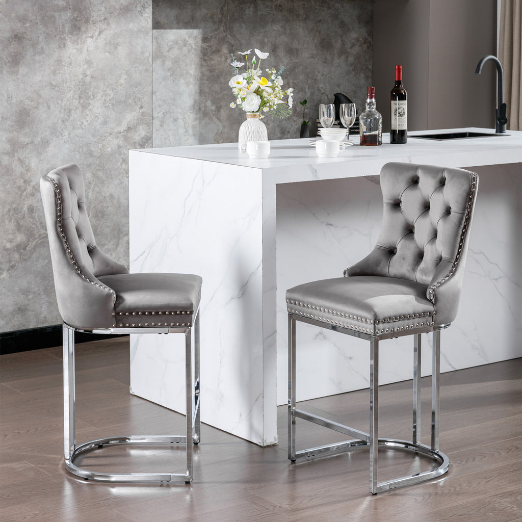 26' Counter Height Bar Stools Set of 2, Modern Velvet Barstools with Button Back&Rivet Trim Upholstered Kitchen Island Chairs with Sturdy Chromed Metal Base Legs Farmhouse Bar Stools, (Gray,2 Pack) - Grand Goldman Shop