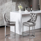 26' Counter Height Bar Stools Set of 2, Modern Velvet Barstools with Button Back&Rivet Trim Upholstered Kitchen Island Chairs with Sturdy Chromed Metal Base Legs Farmhouse Bar Stools, (Gray,2 Pack) - Grand Goldman Shop
