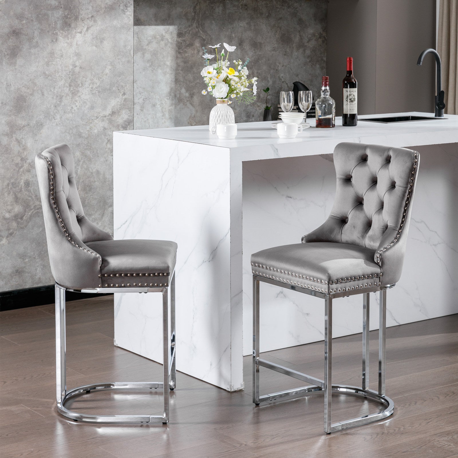 26' Counter Height Bar Stools Set of 2, Modern Velvet Barstools with Button Back&Rivet Trim Upholstered Kitchen Island Chairs with Sturdy Chromed Metal Base Legs Farmhouse Bar Stools, (Gray,2 Pack) - Grand Goldman Shop