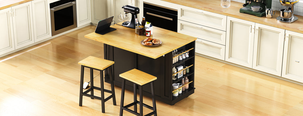 48 inch Kitchen Island with Drop Leaf,Power Outlet,Internal Storage Rack,Rolling Kitchen Storage Cart on 5 Wheels with 5 Open Side Racks,for Kitchen,Black (Old SKU N707P257057B)(Not Include Stools) - Grand Goldman Shop