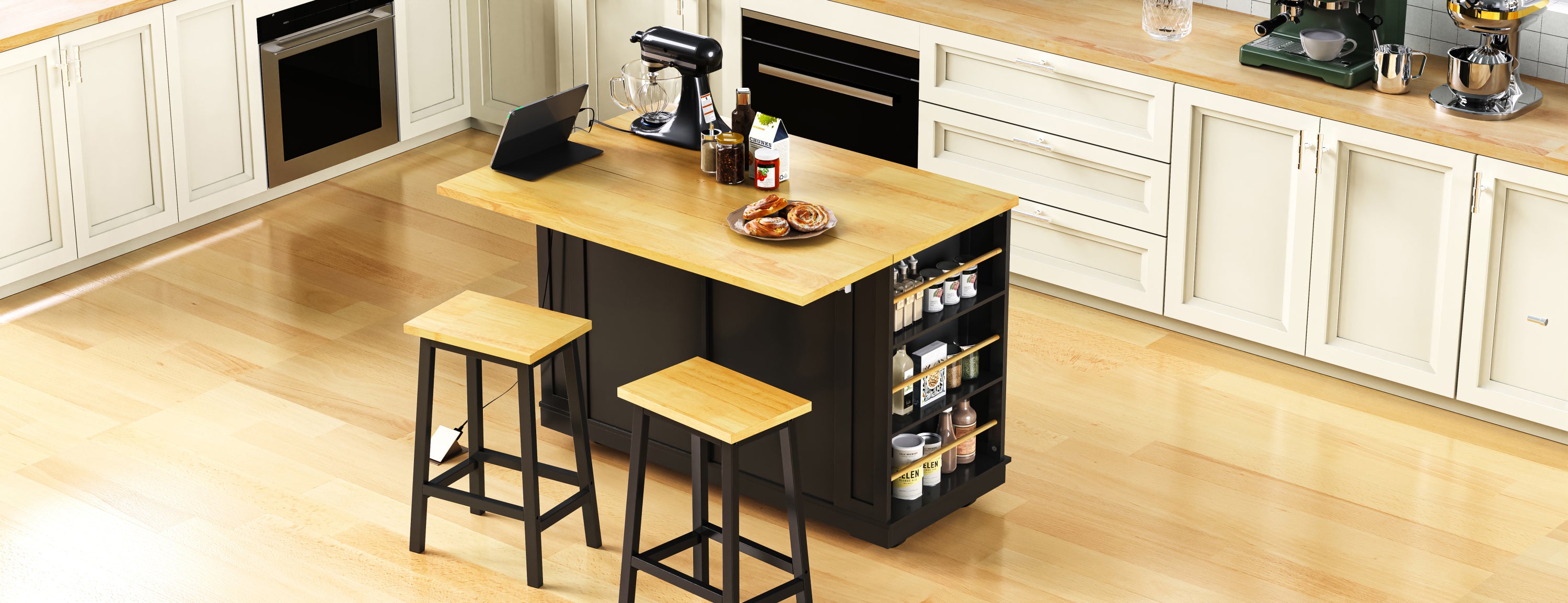 48 inch Kitchen Island with Drop Leaf,Power Outlet,Internal Storage Rack,Rolling Kitchen Storage Cart on 5 Wheels with 5 Open Side Racks,for Kitchen,Black (Old SKU N707P257057B)(Not Include Stools) - Grand Goldman Shop