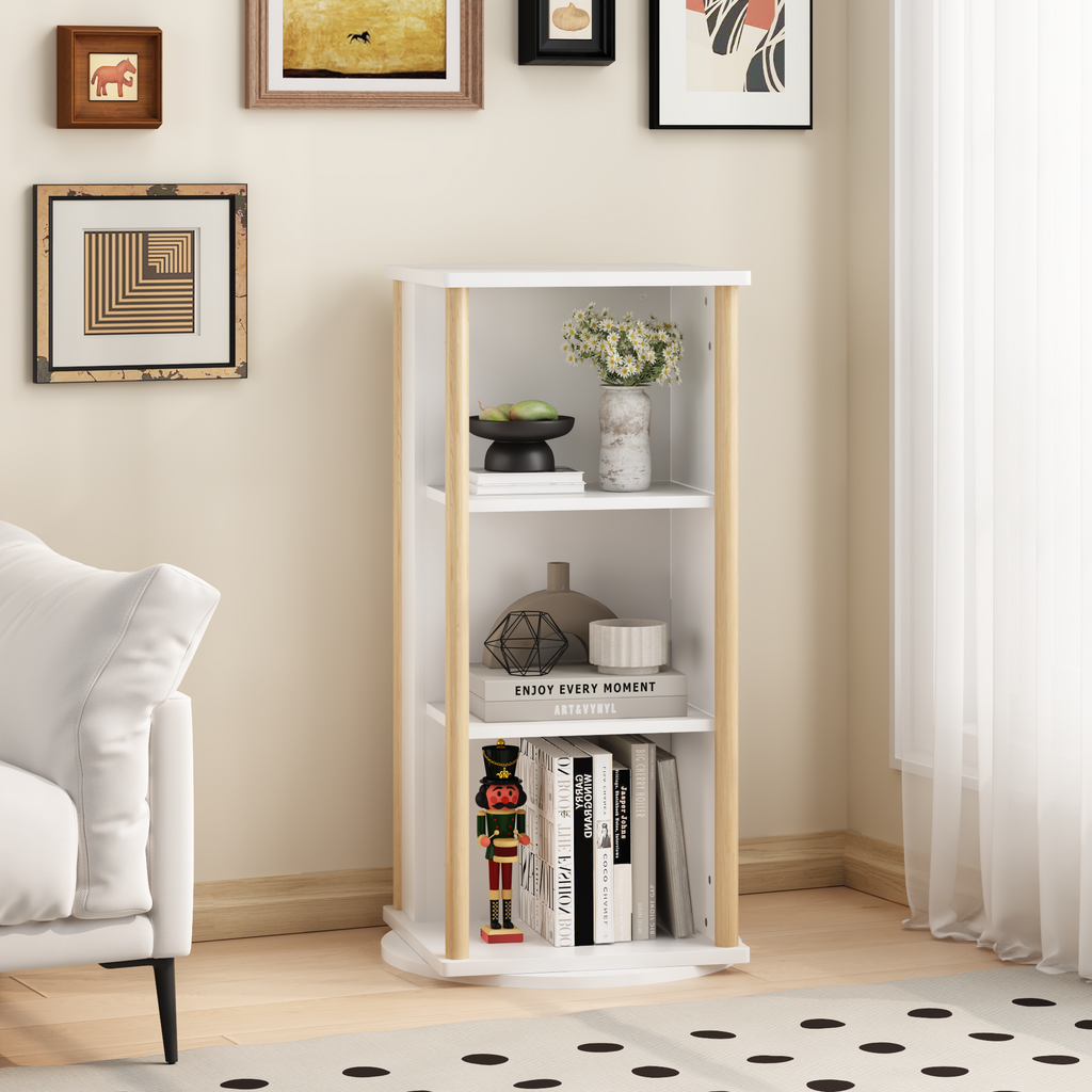 360° Rotating Kids Bookshelf with Chalkboard, 3-Tier Wood Floor Revolving Bookcase & Toy Storage Organizer, Picture Book Disp