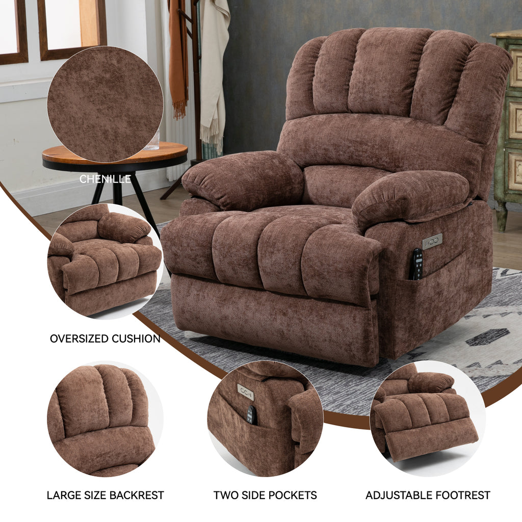 23' Seat Width and High Back Large Size Chenille Power Lift Recliner Chair with 8-Point Vibration Massage and Lumbar Heating, Brown - Grand Goldman Shop