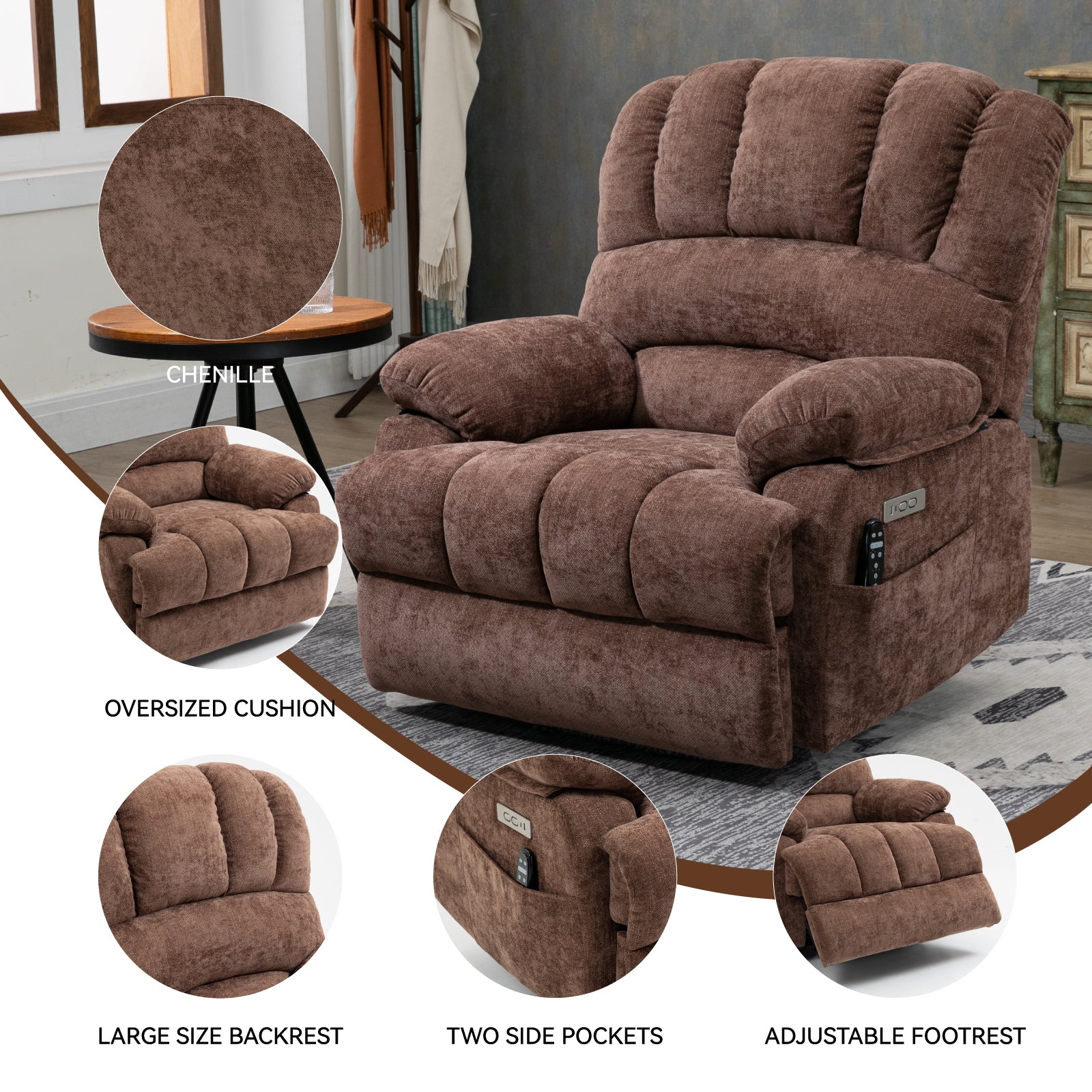 23' Seat Width and High Back Large Size Chenille Power Lift Recliner Chair with 8-Point Vibration Massage and Lumbar Heating, Brown - Grand Goldman Shop