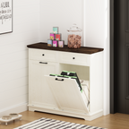 20 Gallon Tilt Out Trash Cabinet Freestanding Trash Bin Cabinet Wood Garbage Recycling Cabinet with Drawer Pet Proof Trash Can Holder for Kitchen Living Room, Antique White (Not include trash can) - Grand Goldman Shop