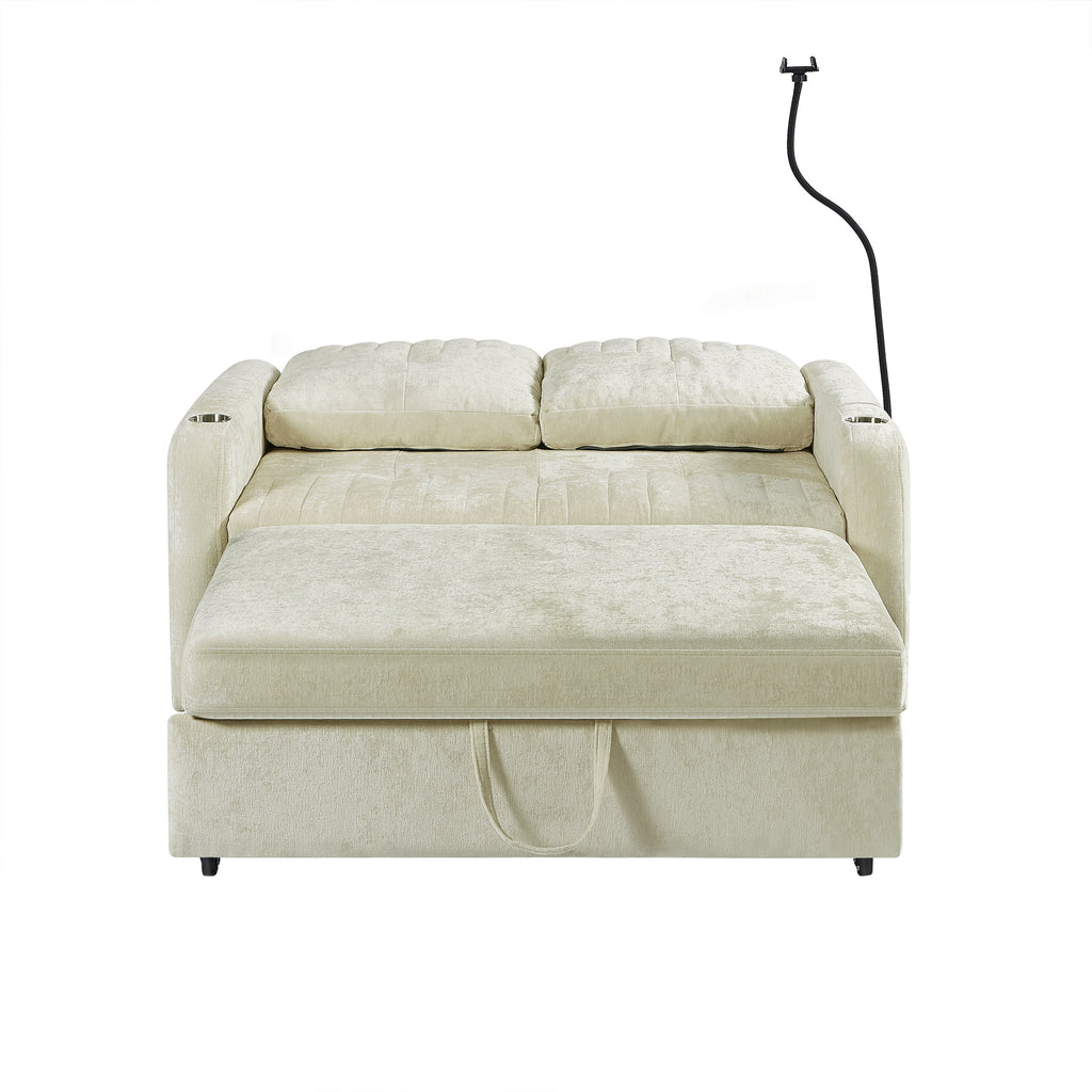 Modern 53.9' Loveseat Pull-out Sofa Bed with Adjustable Backrest, Cup Holders, Charging Ports & Side Storage in Beige Chenille - Grand Goldman Shop