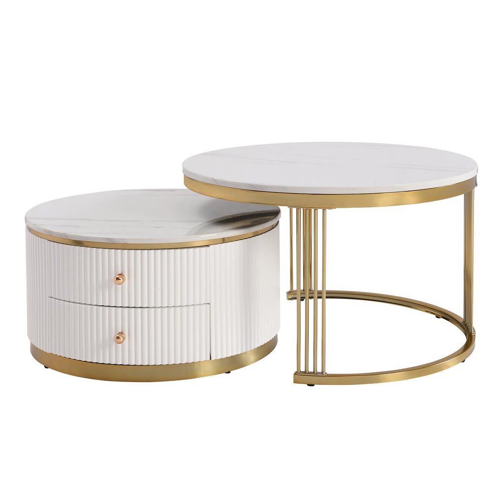 Modern 2 Pieces White Round Nesting  Coffee Table with Drawers in 27.6'' - Grand Goldman Shop