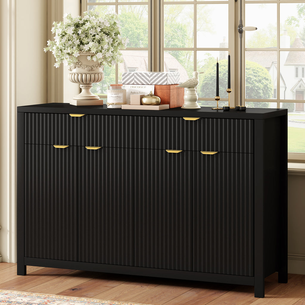 U_STYLE Modern 55.1'' Sideboard Buffet Cabinet with 2 Drawers & 4 Doors, Adjustable Shelves, Wave-Pattern Design, Aluminum Handles, Painted MDF, Scandinavian Storage for Dining Room, Living Room - Grand Goldman Shop
