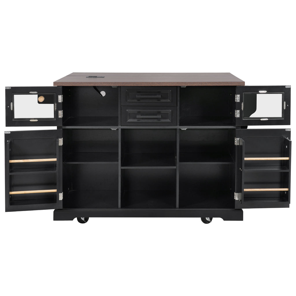 K&K 54.9' Kitchen Island with Drop Leaf, Power Outlet, Kitchen Storage Cart with 4 Door Shelves, Cross Barn Doors & Visual Glass Door, Rolling Kitchen Island on 4 Wheels for Kitchen, Dining Room,Black - Grand Goldman Shop