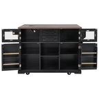 K&K 54.9' Kitchen Island with Drop Leaf, Power Outlet, Kitchen Storage Cart with 4 Door Shelves, Cross Barn Doors & Visual Glass Door, Rolling Kitchen Island on 4 Wheels for Kitchen, Dining Room,Black - Grand Goldman Shop