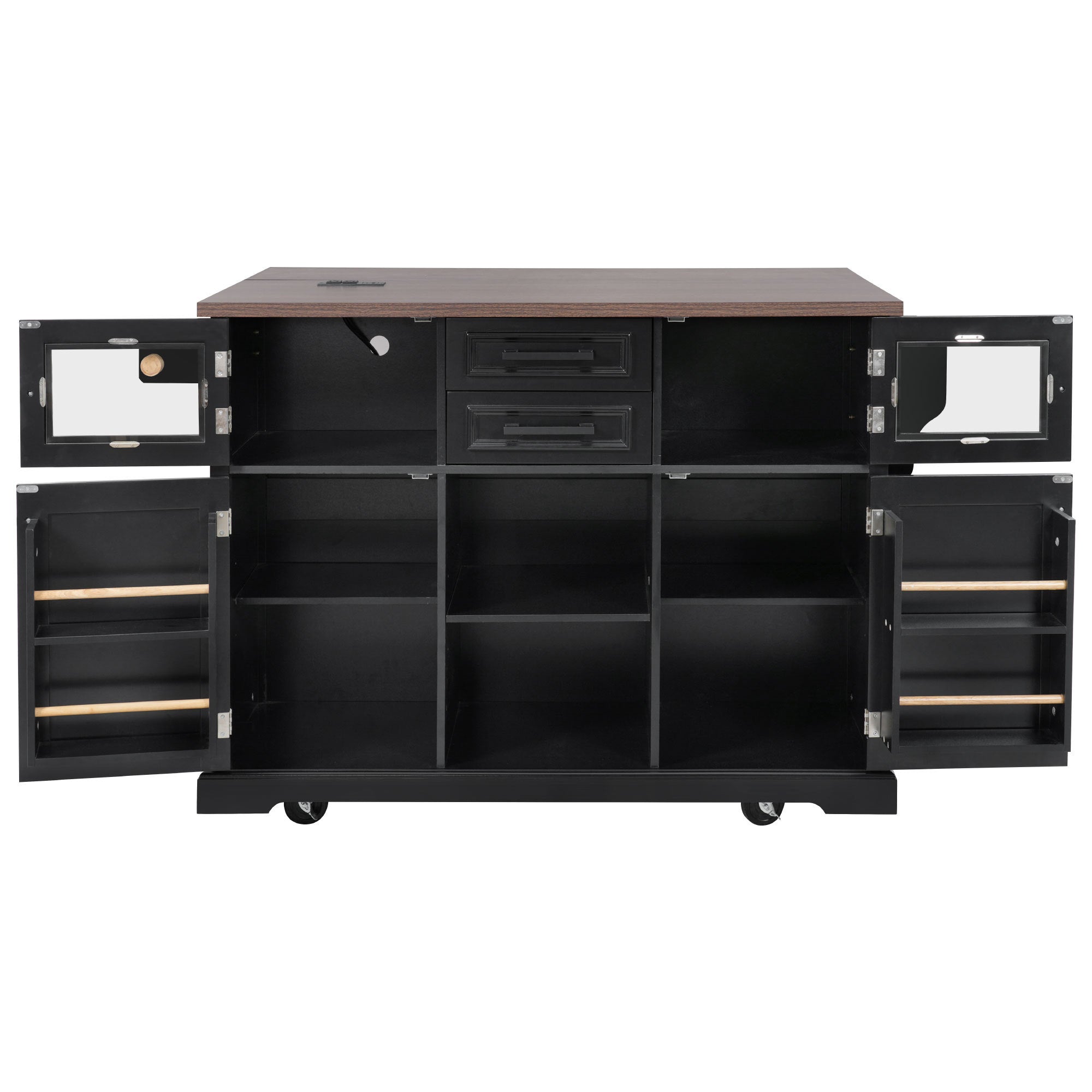K&K 54.9' Kitchen Island with Drop Leaf, Power Outlet, Kitchen Storage Cart with 4 Door Shelves, Cross Barn Doors & Visual Glass Door, Rolling Kitchen Island on 4 Wheels for Kitchen, Dining Room,Black - Grand Goldman Shop