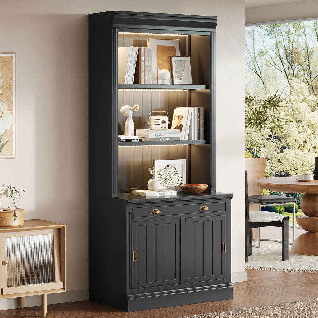 Stylish 83.4'Tall Bookshelf with with 3 pieces LED Lighting, Modern Bookcase with Sliding Doors and Open Shelves,Storage Book