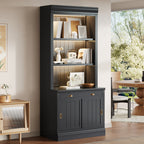 Stylish 83.4'Tall Bookshelf with with 3 pieces LED Lighting, Modern Bookcase with Sliding Doors and Open Shelves,Storage Book