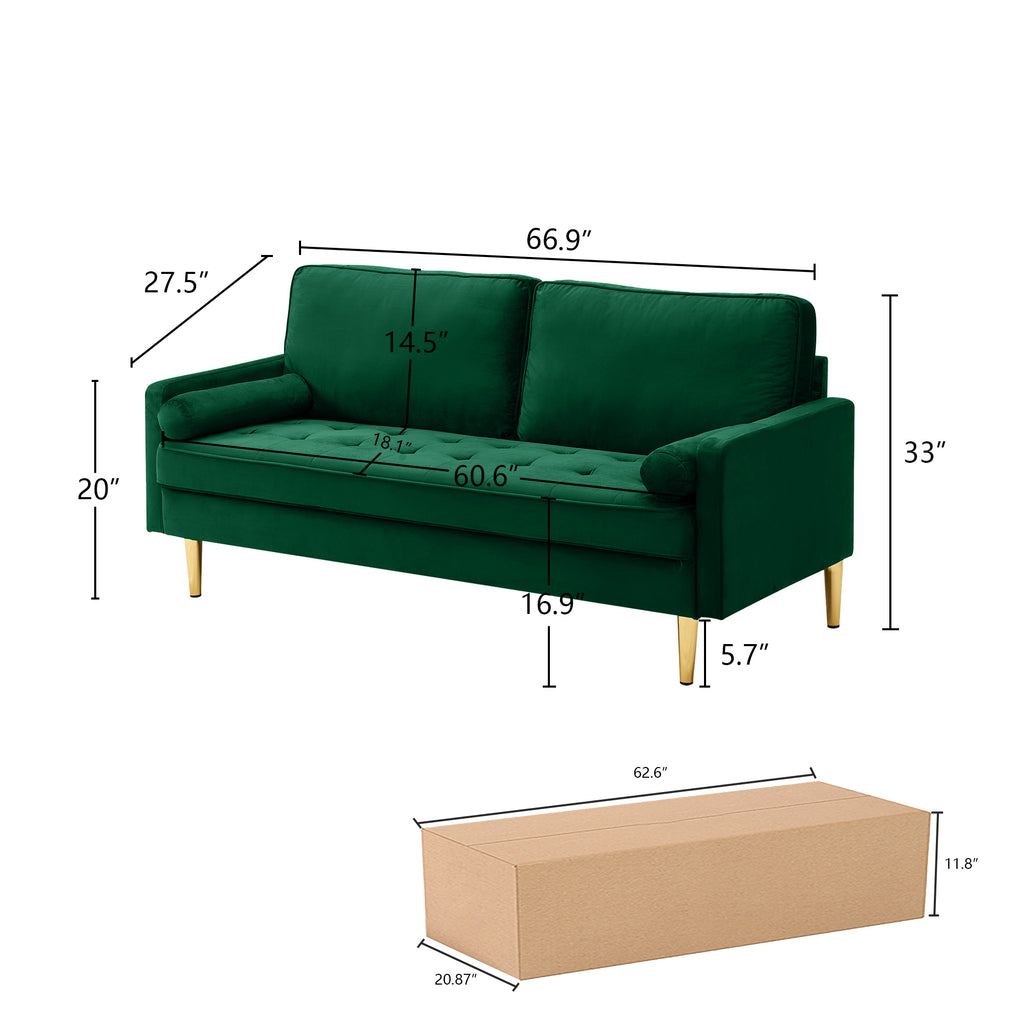 65-inch minimalist velvet sofa with metallic-coloured legs, complete with cushions, suitable for the living room or bedroom. - Grand Goldman Shop