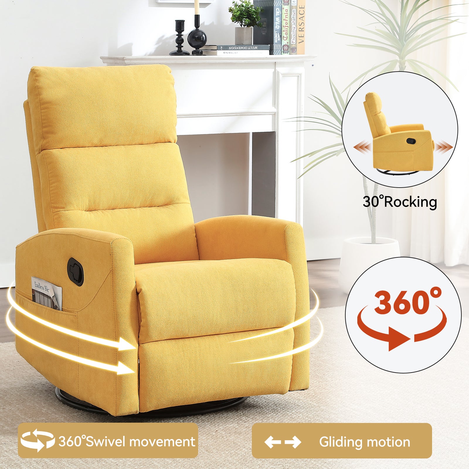 Manual Recliner Chair with Rocker and Swivel in Fabric for Living Room, Yellow - Grand Goldman Shop