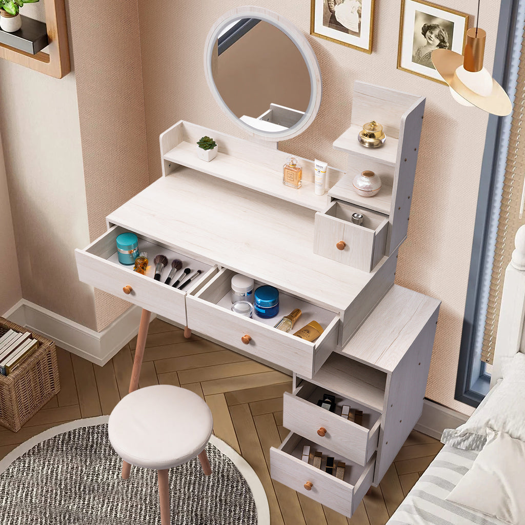 CRAZY ELF Stylish Vanity Table + Cushioned Stool, Touch Control LED Mirror, Large Capacity Storage Cabinet, 5 Drawers, Fashionable Makeup Furniture, Length Adjustable(L31.5'-43.2'x W15.8' x H48.1') - Grand Goldman Shop