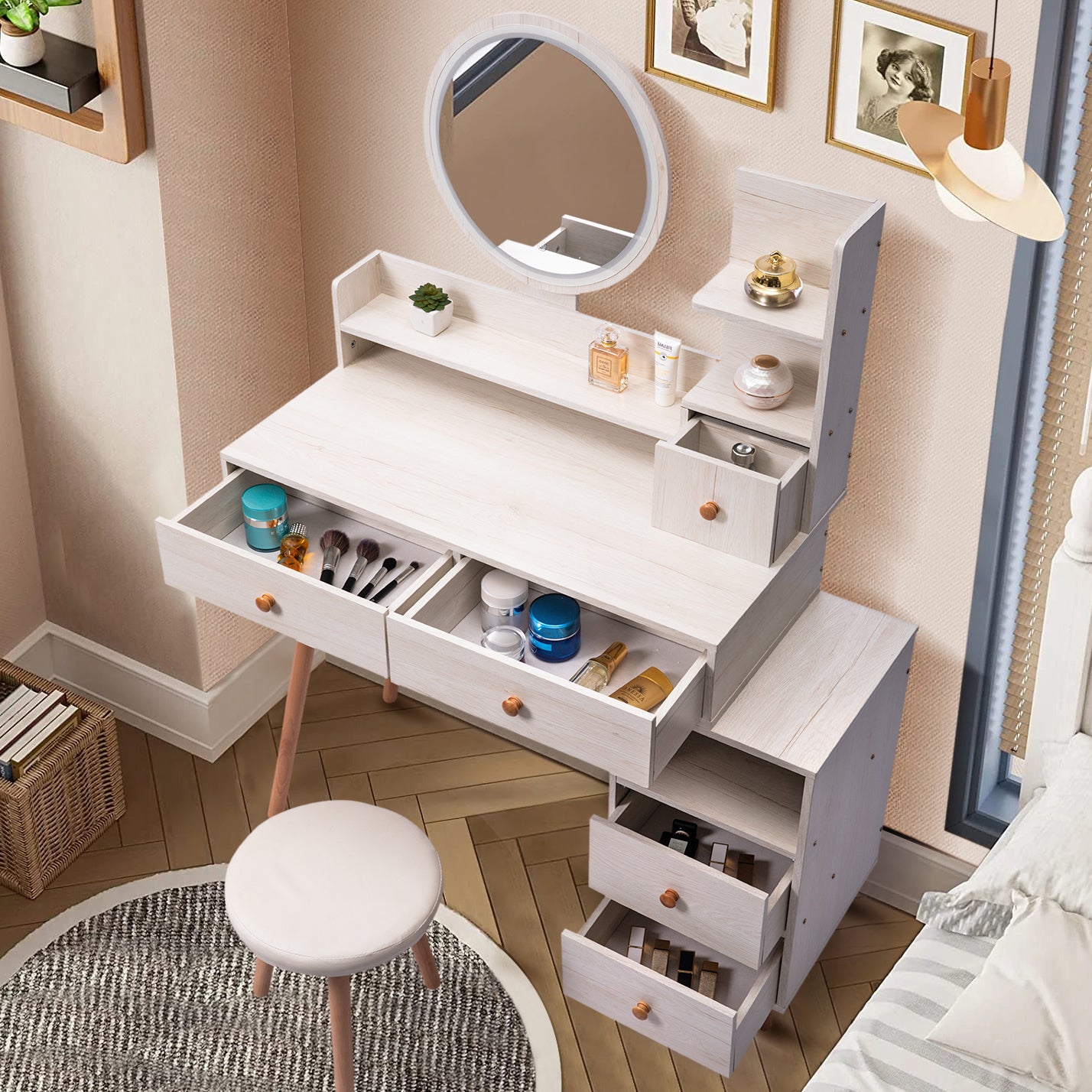 CRAZY ELF Stylish Vanity Table + Cushioned Stool, Touch Control LED Mirror, Large Capacity Storage Cabinet, 5 Drawers, Fashionable Makeup Furniture, Length Adjustable(L31.5'-43.2'x W15.8' x H48.1') - Grand Goldman Shop
